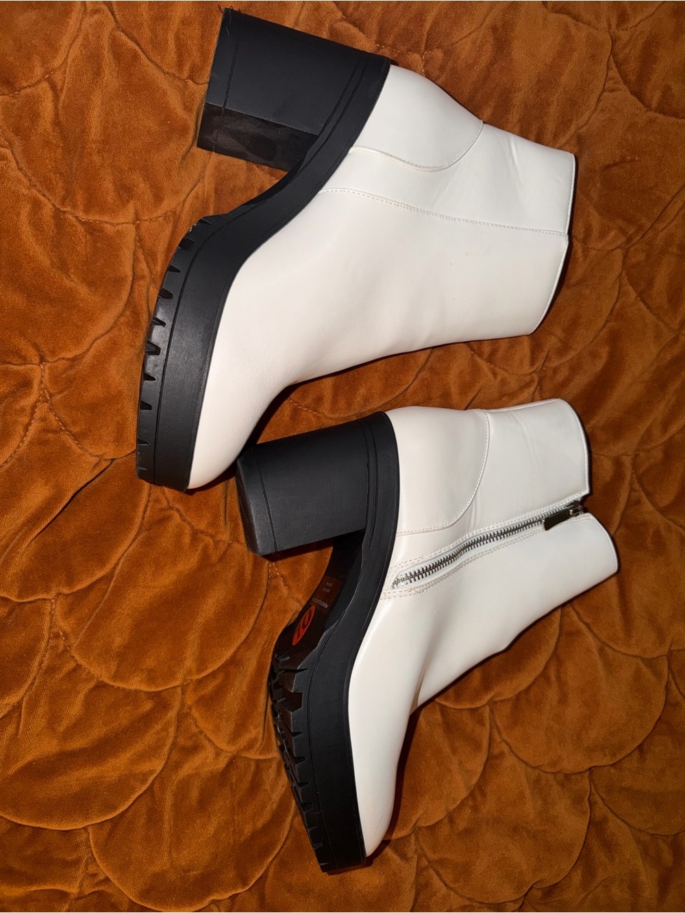 French Connection White Ankle Booties with Black Lug Sole